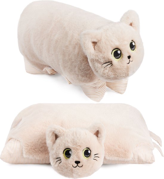BRUBAKER Knuffeldierenkussen Kat - 2 in 1 Pluche Dier en Knuffelkussen - 40 x 30 cm Knuffelkat - Opvouwbaar Pluche Kinderkussen met Klittenbandsluiting - Dierenkussen Kattenkussen Knuffeldier - Beige van BRUBAKER