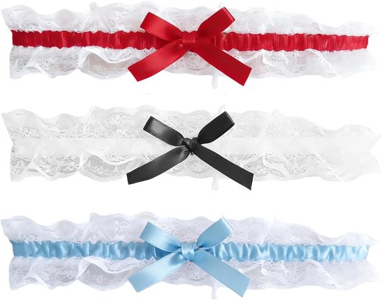 Bruidsjar - Set van 3 elastische kant garters - Blauw, rood en zwart - Perfect voor bruiloften - ShopVlot