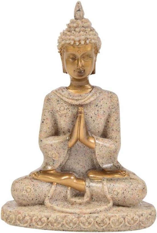 Buddha Meditatie Beeldje - Zandsteen Sculptuur - Rustgevende Decoratie - Handgemaakt Ontwerp - 6.5 x 3 x 8.5 cm - Zandkleur van Merkloos
