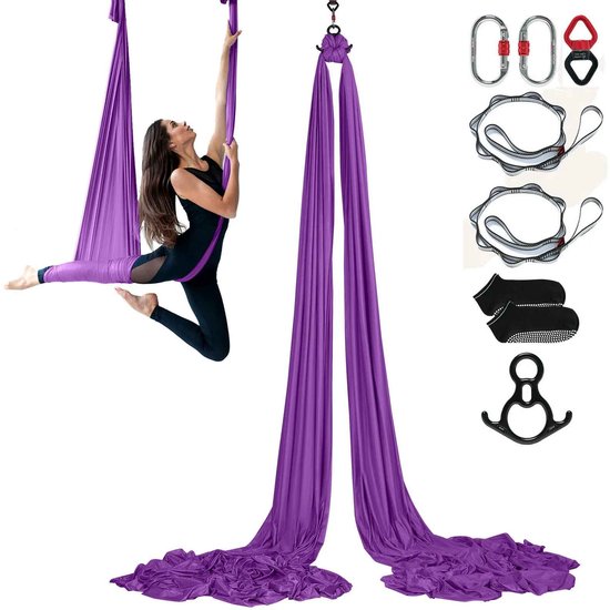 Casa Living Yoga Hangmat - Aerial Swing - Hangmat - 8,22x2,8M - Nylon Yogaschommel - Inclusief Complete Ophangset - Paars