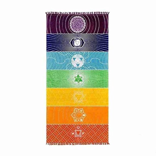Chakra kleed - Meditatie / yoga deken - Doek met chakra symbolen - Stranddoek / handdoek / muurkleed / wandkleed - 7 chakra's - 150x70 cm - Regenboog - Jonyx