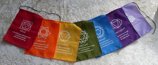 Chakra Meditatie Vlaggenlijn - Gebedsvlaggen Chakra - Meditatie Yoga - Handgemaakt op Bali - 7 vlaggen 20x14cm - Meerkleurig