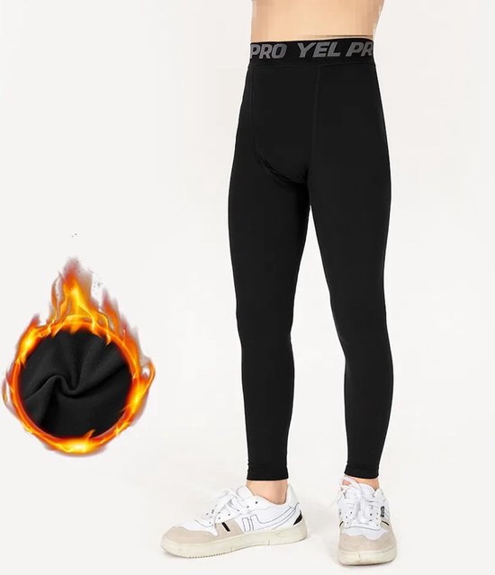Chibaa - Jongens Thermisch Fleece Gevoerd Sport Legging - Thermo Sportbroek - Gymmen - Voetbal - Trainen - Elastisch - Gevoerd - Zwart - Maat: 120-130 - 7/8 Jaar van Chibaa