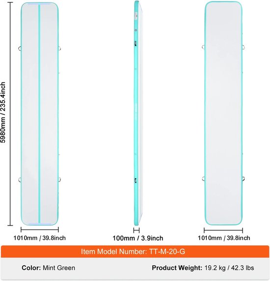 Collox Gymnastiekmat - Luchtmat - Opblaasbaar - Dikte 100 mm - Dikke tuimelbaan - Gym - Yoga - Turnen - Mint groen - 598 x 101 cm