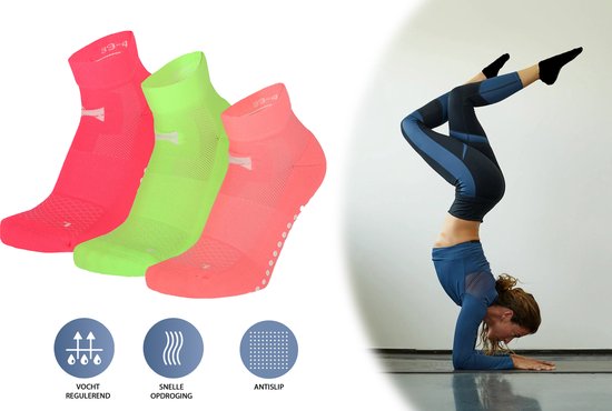 Comfort Essentials - Antislip Sokken Dames - Yoga Sokken Antislip Dames - 3 Paar - Neon Kleuren - Maat 35-38 - Huissokken - Pilates Sokken - Sportsokken Dames - Gripsokken Voetbal - Grip Socks van Comfort Essentials