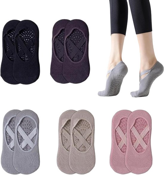 Comfortabele Antislip Sokken voor Yoga en Pilates, 5 Paar Katoenen Sportsokken met Kruisband voor Dames en Meisjes, Geschikt voor Dans en Fitness