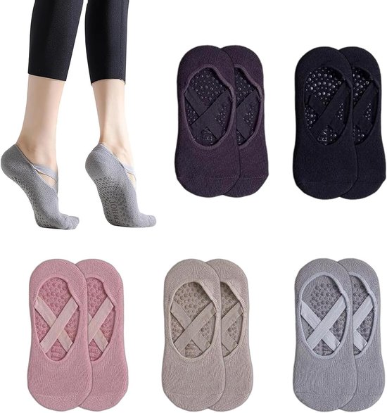 Comfortabele Antislip Sokken voor Yoga en Pilates, 5 Paar Katoenen Sportsokken met Kruisband voor Dames en Meisjes, Ideaal voor Fitness en Dans