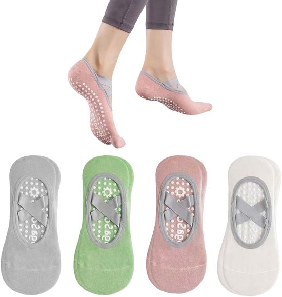 Comfortabele antislip yogasokken voor dames - 4 paar - Ademend katoen - Maat 36-41 - Ideaal voor yoga, pilates en dans - Beige, roze, groen en grijs