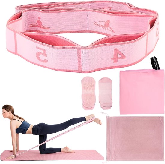 Complete Yoga Accessoires Set met Weerstandsband, Handdoek en Antislip Sokken - 90 cm Verstelbare Fitnessriem voor Rekken, Pilates en Training