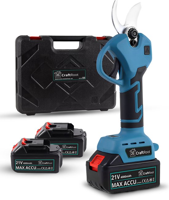 CraftRoot® Elektrische Snoeischaar Incl. Opbergkoffer en 2X 4.0Ah Accu’s- Professionele Draadloze Heggenschaar - 30mm Snijdiameter - Elektrische Takkenschaar op accu - Tuin Snoei Schaar voor Heggen & Takken van Craft