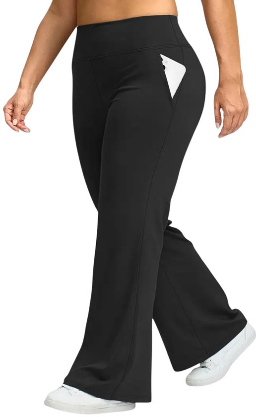 CURVEEASE Plus Size Hoge Taille Uitlopende Broek - Grote Maten - Flared Pants - Pocket Legging - Sportlegging - Comfortabel - Rekbaar & Met Schuine Zakken - Zwart - Maat 5XL van CURVEEASE