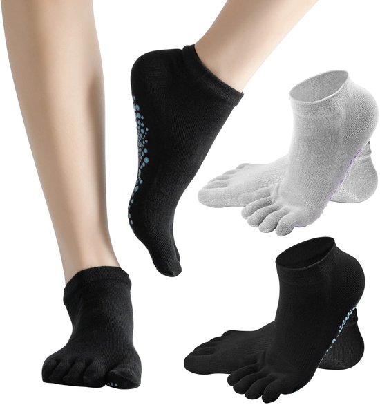 Dailygoods - Antislip Yogasokken met Tenen - 2 Paar voor Dames en Heren, Zwart + Grijs