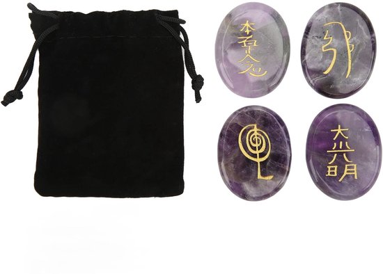 Dailygoods- Chakra Stenen Set 4 Stuks - Reiki Symbolen - Meditatie Decoratie - Healing Kristallen - Chakra Balancering - Handgegraveerde Symbolen - Healing Stones