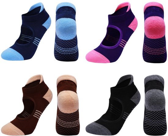 Dailygoods - Dailygoody - Antislip Yogasokken Dames - Comfortabele Grip - 4 Paar - Zwart Bruin Blauw Paars - Ideaal voor Dans en Yoga - Maat 35-40 EU