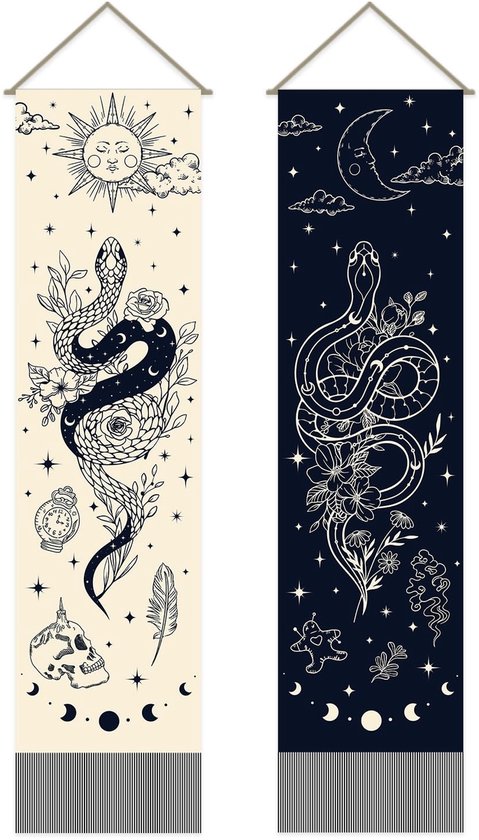 Dailygoods- Wandtapijt Set van 2 - Bohemien Slangenprint - Mystiek Wandkleed - Kwastje - 30 x 130 cm - Verticaal Design - Muurtapijt van Dailygoods