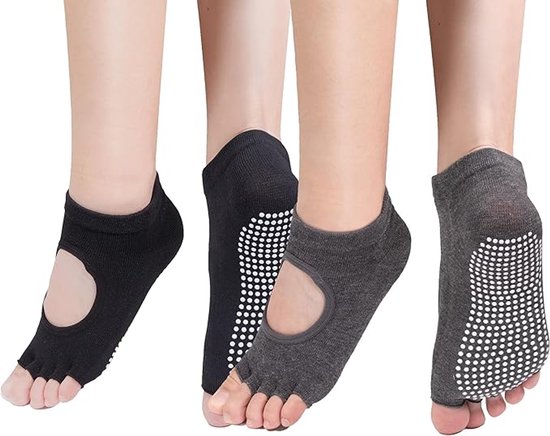 Daity Twee paar damespilatessokken/yogasokken met antisliptextuur en antislipslippers (grijs). van Merkloos
