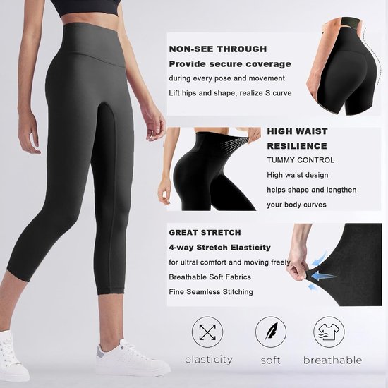 Dames 3/4 Sportleggings met Hoge Taille, Elastische Anti-Celulitis Broek voor Fitness, Yoga en Hardlopen met Praktische Zakjes
