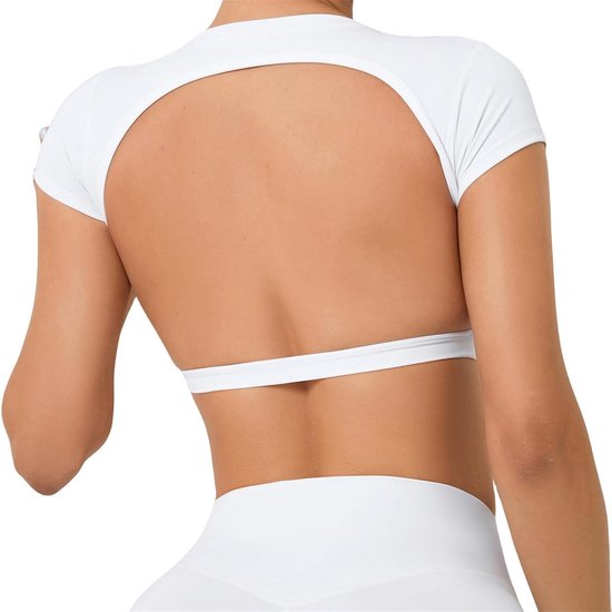 Dames Backless Padded Crop Top - Slim Fit Sportshirt voor Yoga en Fitness met Korte Mouwen en Crew Neck, Comfortabel en Ademend, Maat S-L