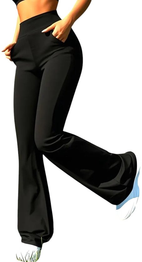 Dames Broek met Hoge Taille - Flared Pants - with Pockets - Pocket Legging - Rekbaar - Ultra-zacht - Comfortabel - Wijde Pijpen - Ademend - Met zakken - Zwart - Maat L van DAM