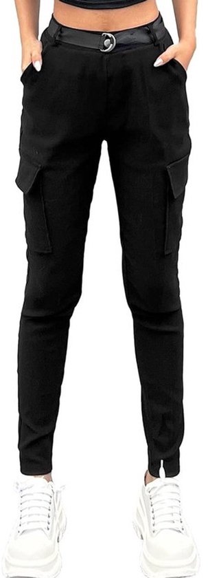 Dames elastische cargo legging hoge taille 4 zakken pull-on skinny broek inclusief riem