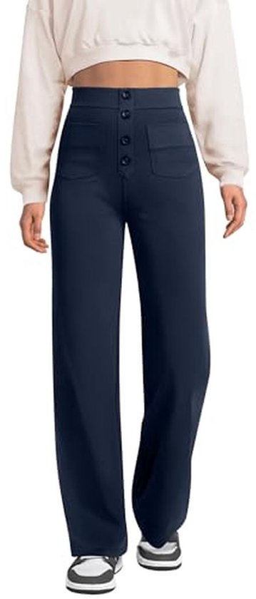 Dames Hoge Taille Sportbroek met Knoop en Zakken - Brede Elegante Broek voor Vrijetijd