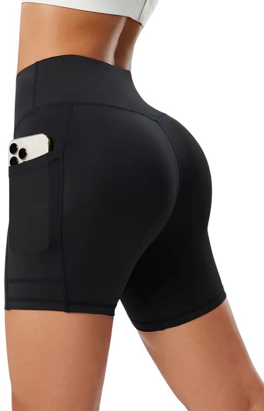 Dames Hoge Taille Sportshorts - Met Zakken - Pocket Short - Compressie & Buikcontrole - Atletisch & Fitness - Yoga & Hardlopen - Diepe Zakken - Zwart - Maat L van Ewedoos