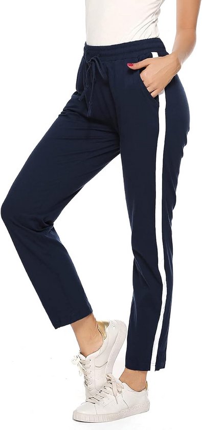 Dames Joggingbroek Katoen Lange Sportbroek Hoge Taille Trainingsbroek met Strepen van Merkloos