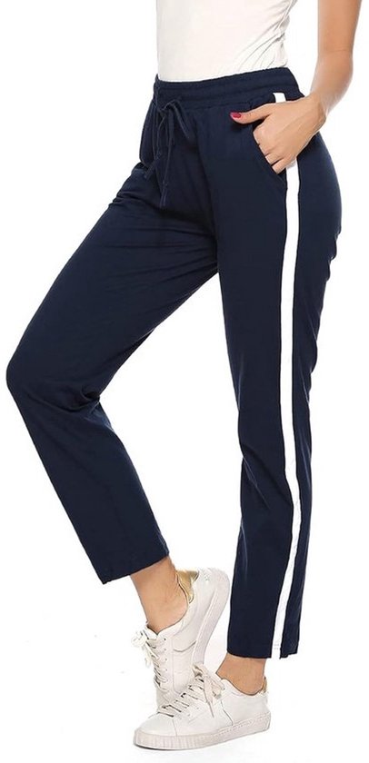 Dames Joggingbroek Katoen Lange Sportbroek Hoge Taille Trainingsbroek met Strepen