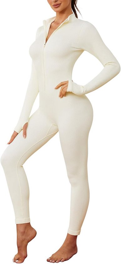 Dames Jumpsuit Sportief Nauwsluitend Yoga Romper Lange Mouwen V-hals Fitness Bodysuit met Ritssluiting