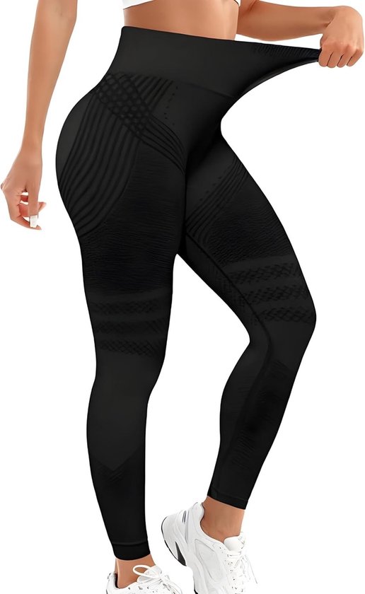 Dames lange sportleggings met hoge taille en push-up effect, ondoorzichtig voor yoga en pilates, ideaal voor fitness en training (zwart, S)