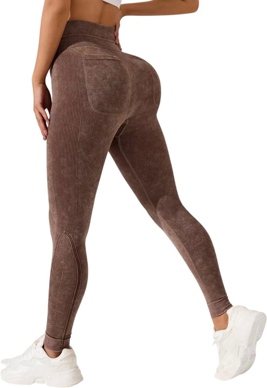 Dames Sportlegging met Hoge Taille en Zakken – Yoga Legging met Buikcontrole, Sneldrogend voor Fitness, Hardlopen & Outdoor - Bruin - Maat M