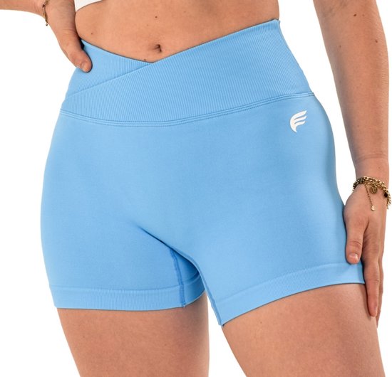 Dames sportshort high waist met V-shape taille – naadloos & shaping effect – squatproof en stretchy – yoga, pilates en fitness – DM Training Just Me Short (blauw)