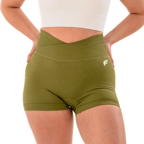 Dames sportshort high waist met V-shape taille – naadloos & shaping effect – squatproof en stretchy – yoga, pilates en fitness – DM Training Just Me Short (groen)