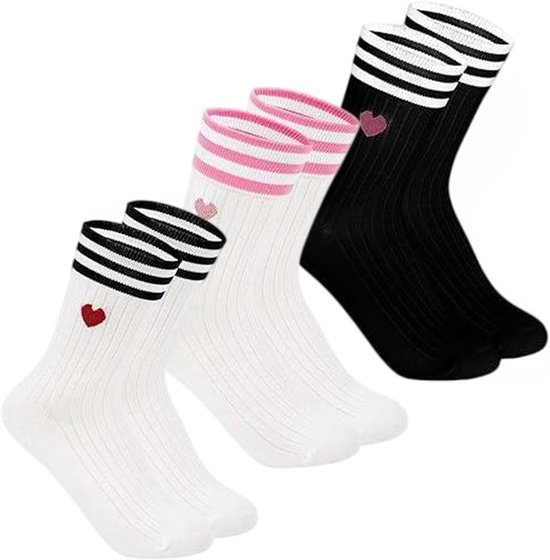 Dames Sportsokken van Terry - 3 Paar Hartvormige Yoga- en Gym Sokken in Zwart, Wit en Roze, Maat 35-39
