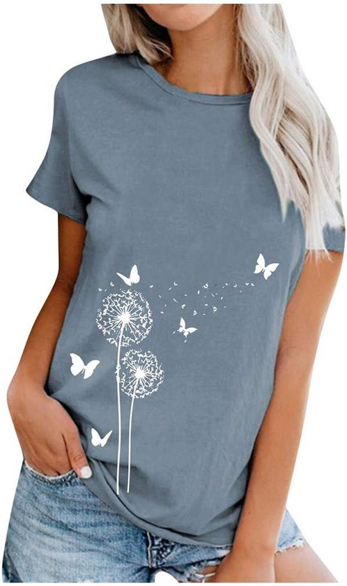 Dames T-shirt met Losse Pasvorm en Paardenbloemprint - Korte Mouwen Zomerblouse van Merkloos