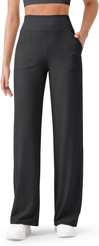 Dames Yoga Broek met Hoge Taille, Ribbels en Ruime Pijpen - Lichtgewicht Casual Sportbroek met Zakjes, Verkrijgbaar in Verschillende Lengtes