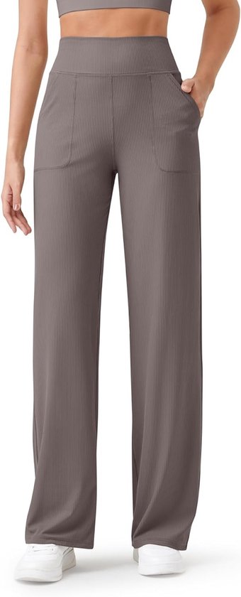 Dames Yoga Broek met Zakken Hoge Taille Ribbels Brede Pijpen Lichtgewicht Casual Sportbroek voor Petite, Normale en Lange Maten, Taupe