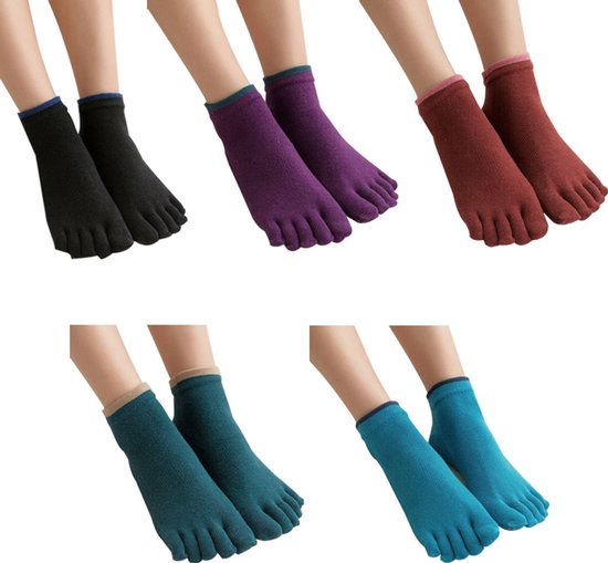 Dames yogasokken geschikt voor vijf tenen, antislipsokken geschikt voor vijf tenen, antislip balletsokken geschikt voor vijf tenen, katoenen antislip fitnesssokken, zwart + blauw + groen + rood + paars van Merkloos