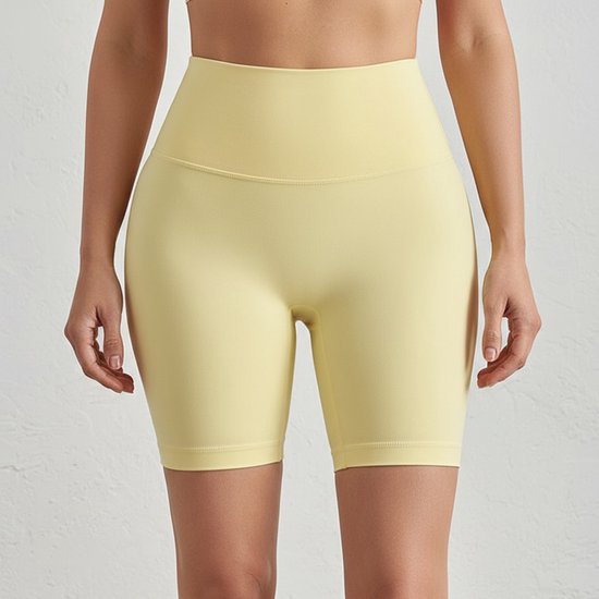Dames zomer yogashort-hoog taille-elastisch-heupvormend-huidvriendelijk fitnesskleding——Gewassen geel, L