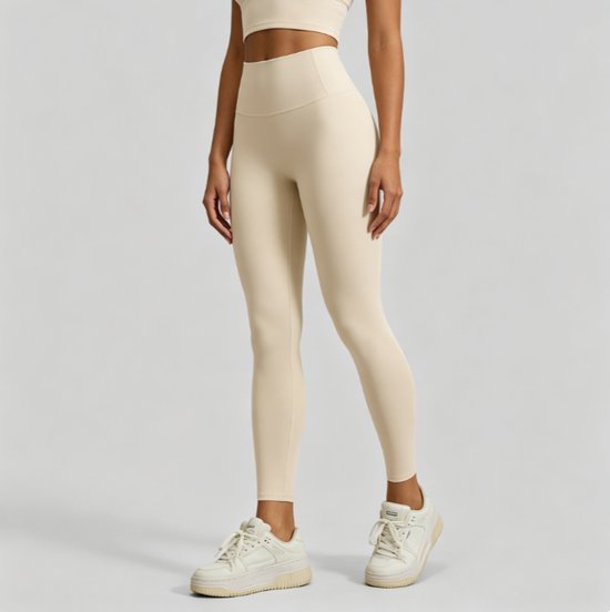 Dameslegging met hoge taille, ondoorzichtig, zeer elastisch en met buikondersteuning, geschikt voor sport, yoga en fitness,Beige,L