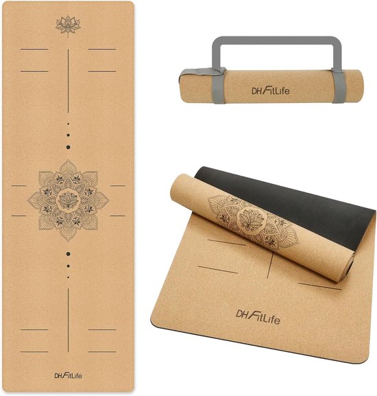 DH FitLife Kurken Yogamat - Antislip van Natuurlijk Rubber, Direct Klaar voor Gebruik, Gemakkelijk te Reinigen, Fitness- en Pilatesmat (Alignment Balance) van Merkloos
