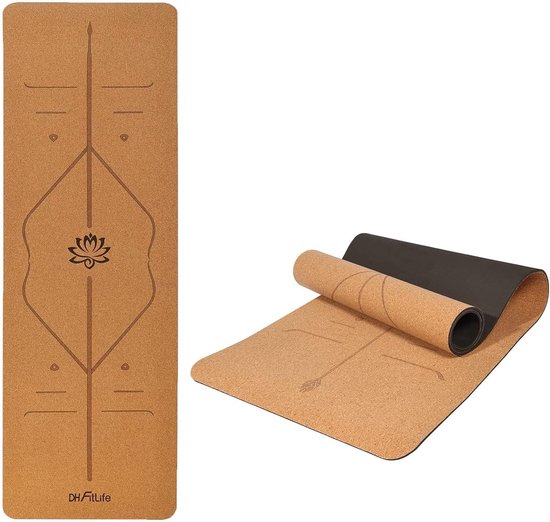 DH FitLife Yogamat van kurk en TPE, gymnastiekmat, 183 x 61 x 0,6 cm, yogamat, sportmat, fitnessmat, antislip, yogamat, dikker met oriëntatielijnen (kleine lotus) van DH FitLife