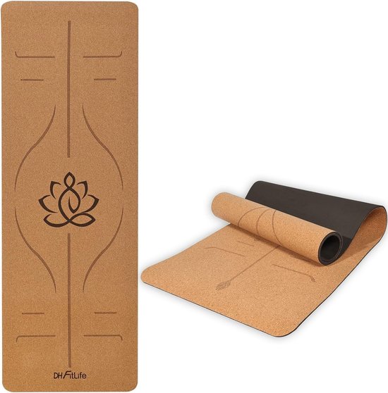 DH FitLife Yogamat van kurk & TPE, mat 183 x 61 x 0,6 cm, fitnessmat, antislip en milieuvriendelijk, sportmat van nature zelfreinigend, yogamat met oriëntatielijnen (grote lotos) van DH FitLife