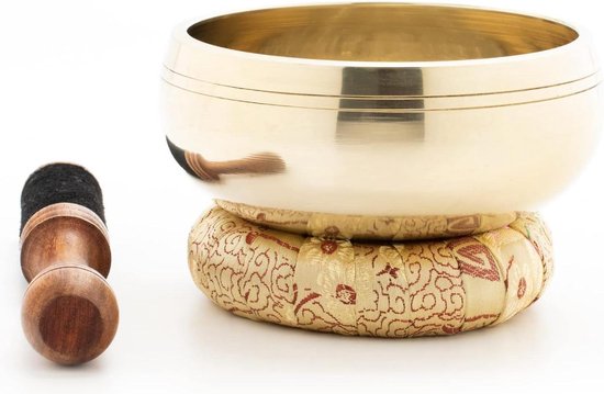 Dhyani Boeddha klankschaal voor speciale gelegenheid - incl. crèmekleurige ring - hout-/leren kruimel - 5013 singing bowl set van Yogi & Yogini