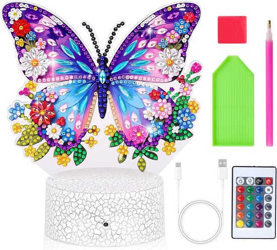 Diamond Painting Lamp voor kinderen, nachtlampje, vlinder, creatief, meisjes, doe-het-zelf, handwerk, idee, cadeau, meisjes, verjaardag, decoratie, slaapkamer, voor 5, 6, 7, 8, 9 jaar