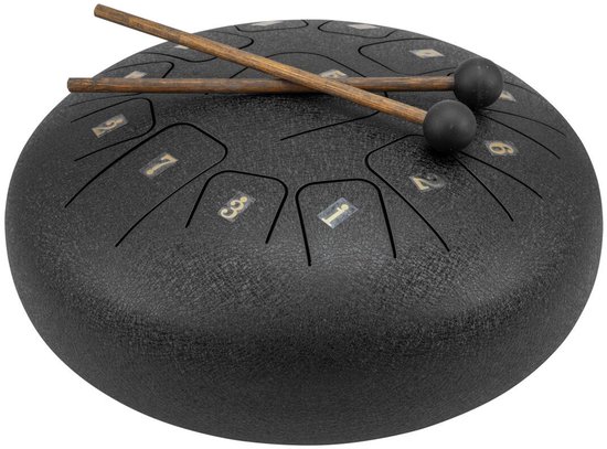 Dimavery TD-12 Handpan met stokken- 30cm - Zwart- Healing Steel Tongue Drum - Hand Klankschaal - Hang Drum van Dimavery