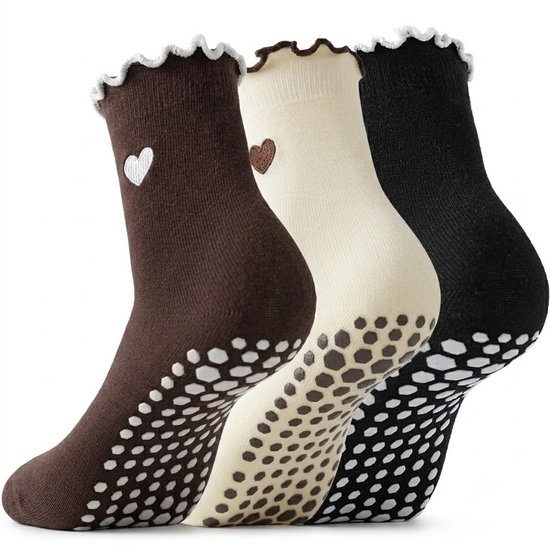 Donker antislip pilates sokken dames 3 paar ademende sokken met hartje antislip zool enkelsupport voetboogsteun geribde sokken voor yoga pilates barre fitness en dagelijks gebruik maat 36-40