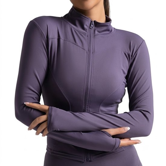 Donker paarse sport jas dames slim fit volledige rits fitness jas yoga jas pilates trui hardloop jas met duim gaten hoge kraag aansluitend model lange mouwen euro maat M