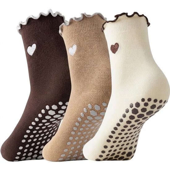 Donkerbruin antislip pilates sokken dames 3 paar ademende sokken met hartje antislip zool enkelsupport voetboogsteun geribde sokken voor yoga pilates barre fitness en dagelijks gebruik maat 36-40