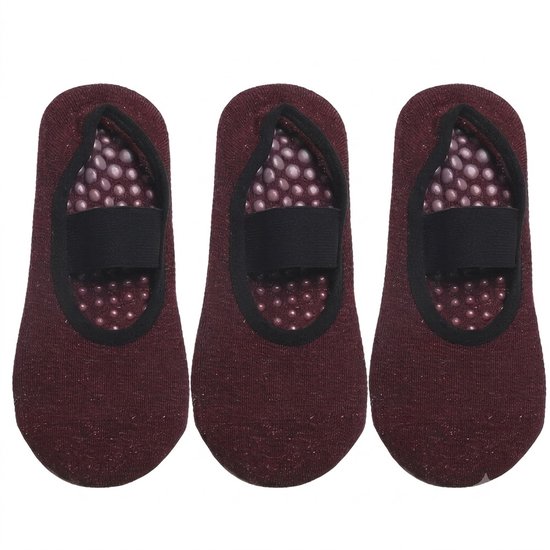 Donkerrood antislip pilates sokken dames 3 paar ademende yoga sokken met elastische wreefband siliconen antislip zool lage sokken voor pilates yoga barre dans fitness en vloeroefeningen maat 36-40